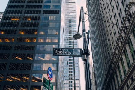 Téléchargez les photos : New York, USA - November 25, 2022: Street name signs on Broadway, a 13 mile-long road running from Financial District through the borough of Manhattan exiting north from New York City. - en image libre de droit