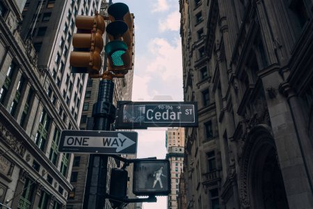 Téléchargez les photos : New York, États-Unis - 25 novembre 2022 : Panneau de rue sur Cedar Street dans le quartier financier, le cœur financier de la ville et une maison à Wall Street. - en image libre de droit