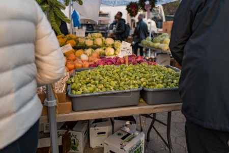 Téléchargez les photos : 23 novembre 2022 - New York, États-Unis : Vente de choux de Bruxelles à Grow NYC Union Square Greenmarket, un marché fermier ouvert toute l'année avec divers producteurs d'aliments de ferme et de petits lots. - en image libre de droit