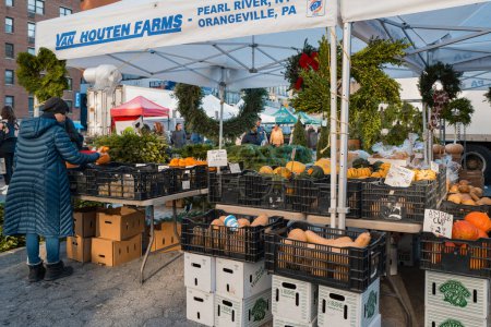 Photo for November 23, 2022 - New York, USA: Van Houten Farms stand at the Grow NYC Union Square Greenmarket, a year-round farmers market with various farm and small batch food producers. - Royalty Free Image