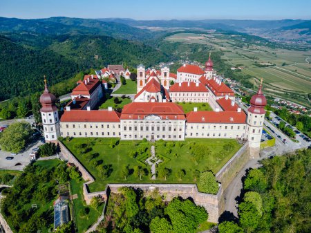 Aerial view of Goettweig Abbey with world heritage Wachau in background