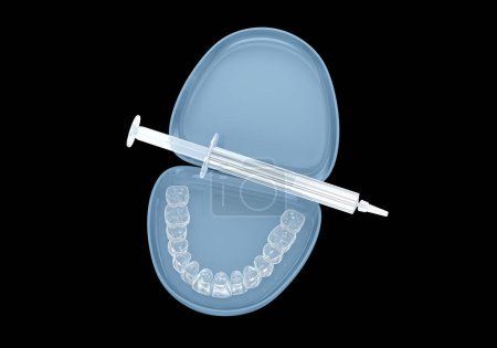 Foto de Kit de blanqueamiento dental, invisalign y gel. Concepto de ilustración 3D. - Imagen libre de derechos
