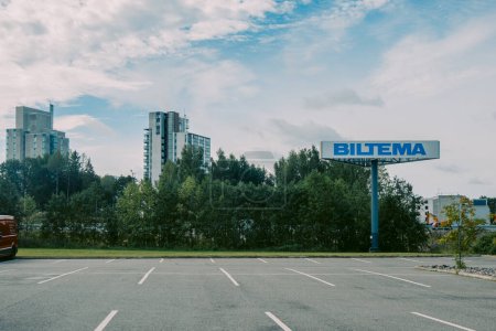 Photo for Helsinki, Finland - August 22, 2022: Huge blue BILTEMA sign at entrance of Swedish store of spare parts, household goods on natural background - Royalty Free Image