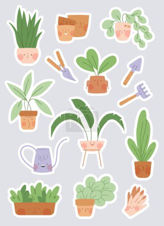 Téléchargez les illustrations : Stickers avec de jolies plantes personnages - en licence libre de droit