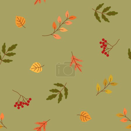 Photo for Simple autumn seamless pattern with leaves on green background. - Royalty Free Image