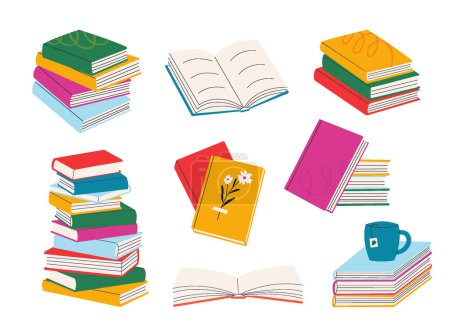 Téléchargez les illustrations : Une pile de livres. Divers cahiers, pile de livres, matériel pour la lecture et l'éducation. - en licence libre de droit