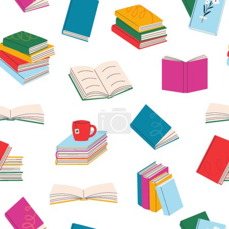 Photo for Seamless pattern with various books, stack of books, materials for reading and education. - Royalty Free Image