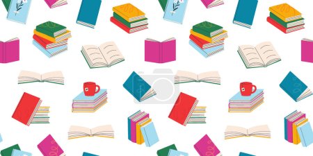 Photo for Seamless pattern with various books, stack of books, materials for reading and education. - Royalty Free Image