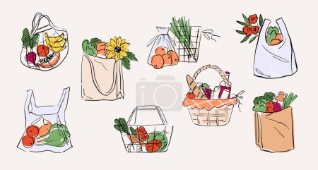 Photo for Grocery shopping bags with produce. Fruits and veggies in various reusable shopping bags. - Royalty Free Image