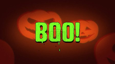 Photo for Boo word - melting halloween style green colored text, scary jack o lantern faces background. Creative background. - Royalty Free Image
