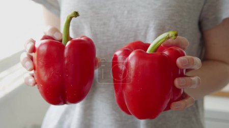 Photo for Red bell peppers grown by farm employee grown in a modern greenhouse. Healthy lifestyle concept. - Royalty Free Image