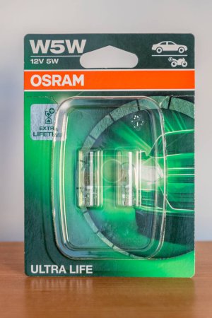 Photo for Pruszcz Gdanski, Poland - July 13, 2022: Osram car w5w ultra life bulb. - Royalty Free Image