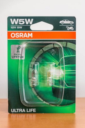 Photo for Pruszcz Gdanski, Poland - August 6, 2022: Osram W5W ultra life bulb. Wedge base W5W lamp. - Royalty Free Image