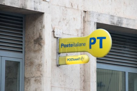 Photo for Rome, Italy - December 8, 2022: Logo and sign of Italian Post (Poste Italiane) with ATM. - Royalty Free Image