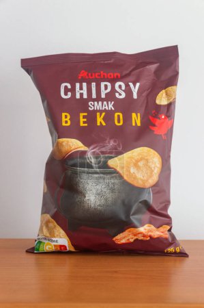 Photo for Pruszcz Gdanski, Poland - February 3, 2024: Pack of Auchan potato bacon flavour chips. - Royalty Free Image