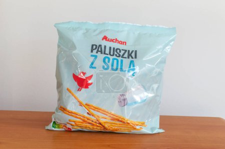 Photo for Pruszcz Gdanski, Poland - April 1, 2024: Auchan salted sticks. - Royalty Free Image