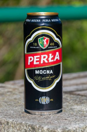 Photo for Bernau bei Berlin, Germany - April 21, 2024: Can of Perla Mocna beer. - Royalty Free Image