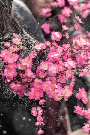 Téléchargez les photos : A person in a black coat holds fake beautiful pink and white flowers with brown stems on a snowy winter day during a Chinese lunar new year celebration in Chicago. - en image libre de droit
