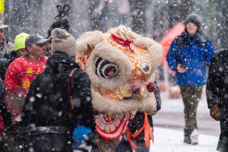 Téléchargez les photos : Chicago, IL - January 28th, 2023: A Chinese lion dancer makes its way down Broadway in heavy snowfall during the annual Argyle Lunar New Year parade. - en image libre de droit