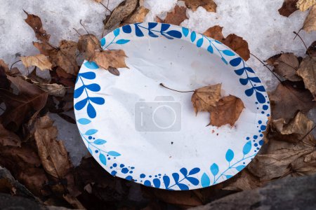 Téléchargez les photos : A closeup of a white generic paper plate with blue floral or leaf patterns around the edge lays wrinkled and discarded as trash or litter outside amongst leaves and snow in winter. - en image libre de droit