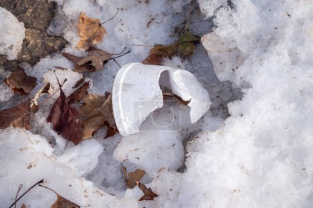 Téléchargez les photos : Photo rapprochée de morceaux partiels d'une tasse ou d'un bol en polystyrène extrudé blanc fracassé et déchiré sur le sol sous forme de déchets ou de litière dans une pile de neige et de feuilles en hiver. - en image libre de droit