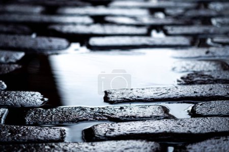 Photo for Low vantage point of a calm puddle in an old weathered brick pavers and alley in Chicago on a rainy gloomy day with black and white tones reflecting off the water and wet pavement. - Royalty Free Image