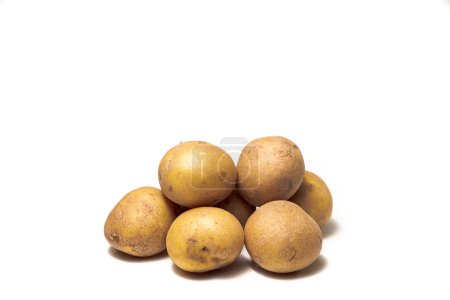 Téléchargez les photos : Photographie d'une pile de pommes de terre fraîches roussâtres jaunes et brunes avec fond blanc et espace de copie. - en image libre de droit