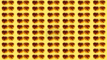 Foto de Gafas de sol estilo aviador enmarcadas en metal retro con tonos marrones imagen de fondo de verano con patrón repetido sobre un fondo amarillo. - Imagen libre de derechos