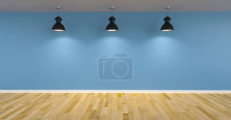 Téléchargez les photos : Trois plafonniers devant le mur bleu comme conception de maquette de toile, copyspace pour votre texte individuel. - en image libre de droit