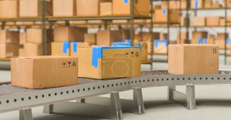 Packages delivery, packaging service and parcels transportation system concept, cardboard boxes on conveyor belt in warehouse mug #644332406