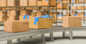 Packages delivery, packaging service and parcels transportation system concept, cardboard boxes on conveyor belt in warehouse Stickers #644332406