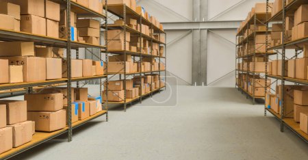 Téléchargez les photos : Vue d'entrepôt avec des étagères et des boîtes en carton, image de concept de livraison de courrier emballé - en image libre de droit