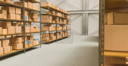 Photo for Warehouse with shelves and cardboard boxes, Packed courier delivery concept image - Royalty Free Image