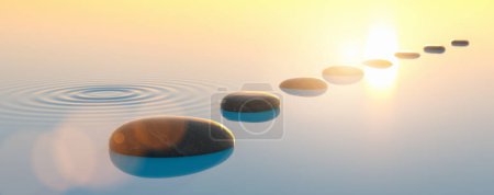 Steinreihe in ruhigem Wasser im weiten Ozean, Meditation und Zen-Konzeptbild