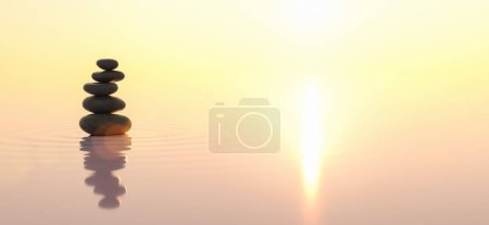 Téléchargez les photos : Piles de cailloux dans le large océan au coucher du soleil, Japonais zen image concept de jardin, copyspace pour votre texte individuel. - en image libre de droit