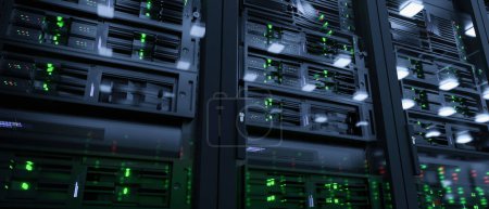 Servereinheiten im Cloud-Service-Rechenzentrum mit flackernden Lichtindikatoren für massive Datenverbindungsbandbreite, Nahaufnahme