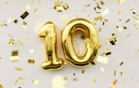 10 years old. Gold balloons number 10th anniversary, happy birthday congratulations.