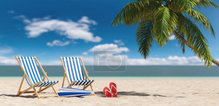 Téléchargez les photos : Chaises de plage vides avec sandales flip-flop à côté d'un palmier à la plage pendant des vacances d'été dans les Caraïbes - en image libre de droit