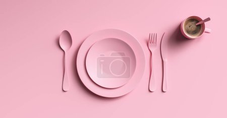 Cup of coffee with pink fork, knife and spoon, top view. Clear ceramic dishware with set cutlery design. Empty pink table ware for lunch or dinner in cafe. copyspace for your individual text.