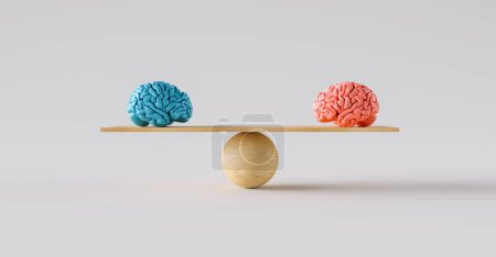 wooden scale balancing one woman brain and one man brain.