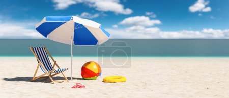 Leerer Liegestuhl mit Strandball-Flip-Flop-Sandalen, Sonnenschirm und Strandball während eines Sommerurlaubs in der Karibik