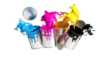 Photo for Four paint cans splashing CMYK colors isolated on white background, printing concept image - Royalty Free Image