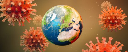Téléchargez les photos : Coronavirus Sars-CoV-2 Covid-19 avec le concept de planète Terre comme en-tête panorama - rendu 3D - en image libre de droit