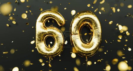 Foto de 60 años de edad. Globos de oro número 60 aniversario, felicitaciones feliz cumpleaños, con la caída de confeti - Imagen libre de derechos