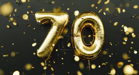 Photo for 70 years old. Gold balloons number 70th anniversary, happy birthday congratulations, with falling confetti - Royalty Free Image