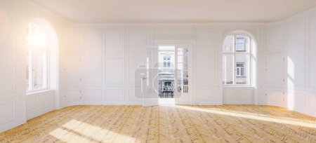 Téléchargez les photos : Elégant hall avec stuc dans vieux bâtiment avec balcon et double porte à Paris - en image libre de droit