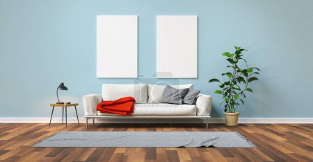Leere weiße Leinwand an blauer Wand mit Sofa im Wohnzimmer