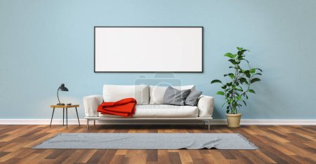 Empty white picture frame with Copy space on blue wall with sofa in the living room