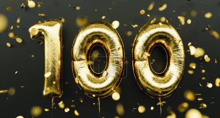 100 years old. Gold balloons number 100th anniversary, happy birthday congratulations, with falling confetti