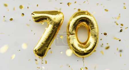 70 Jahre alt. Goldene Luftballons zum 70. Geburtstag, Glückwünsche zum Geburtstag, Konfettiregen auf weißem Hintergrund